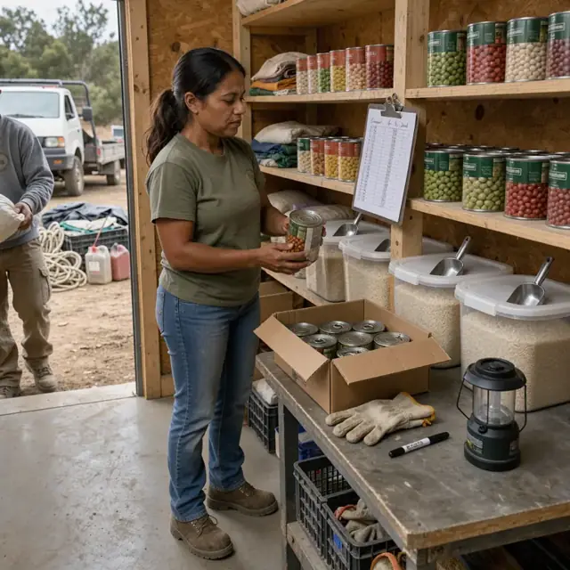 a camp pantry with open shelving holding bulk rice, canned goods and a clipboard with a handwritten inventory count sheet