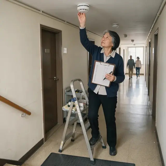 a manager checking a smoke detector on the ceiling of a common hallway while holding a clipboard with a checklist