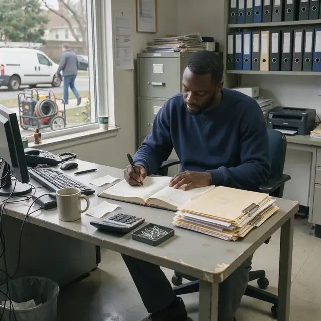 a manager seated at a desk entering payments into a ledger book beside a stack of resident files