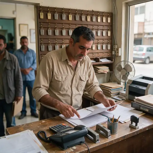 a manager at a wooden front desk reviewing paperwork next to a wall of room key hooks and mail slots