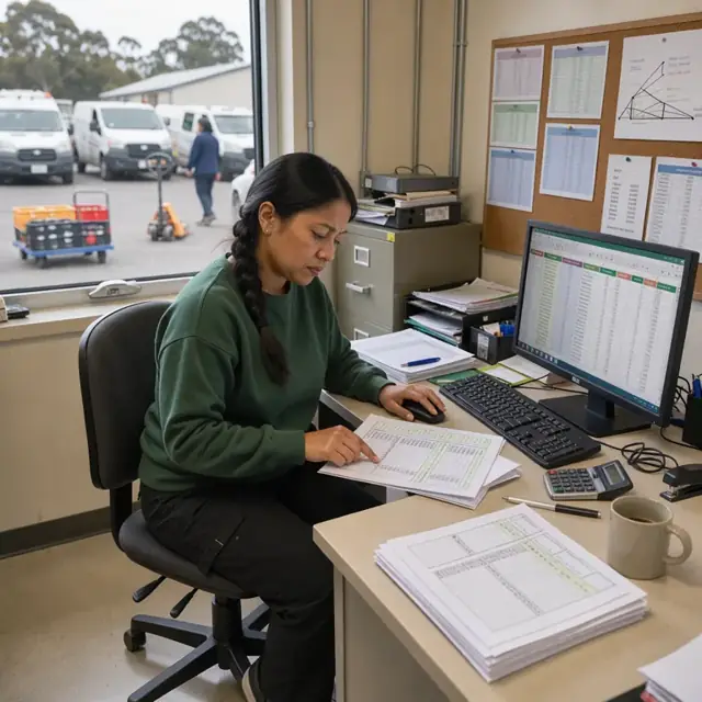 a worker at a desk comparing printed meal count reports against a spreadsheet on a computer monitor