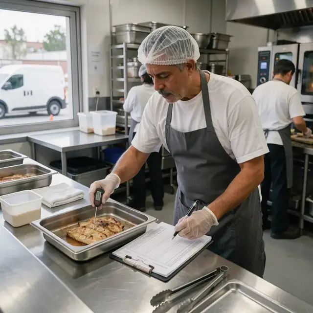 a kitchen worker using a probe thermometer to check food temperature while filling out a printed log sheet at a stainless steel table