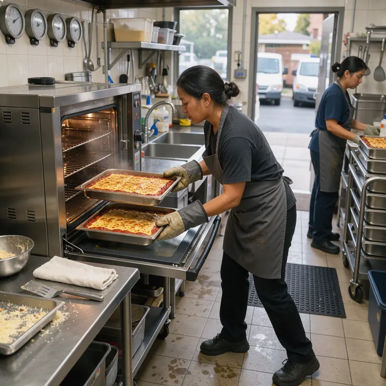 a cook sliding two large pans of lasagna into a commercial convection oven, timers on the wall