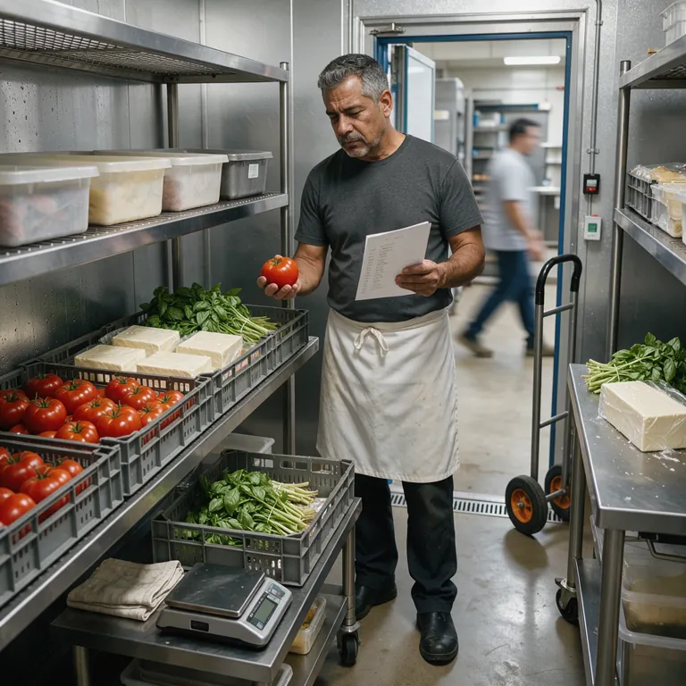 a cook checking fresh tomatoes, basil and blocks of cheese against a shopping list in a walk-in cooler