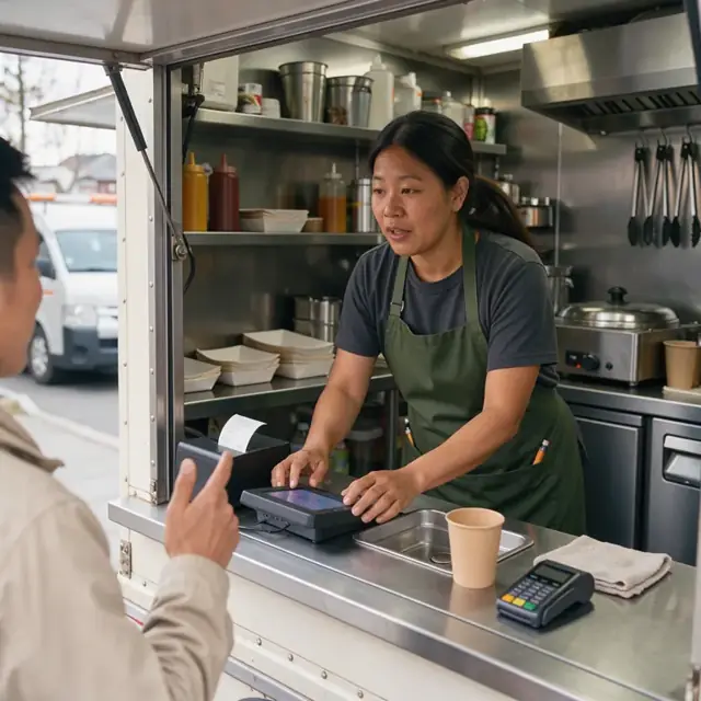 a worker taking an order at a food truck service window while a printed ticket appears inside the compact galley