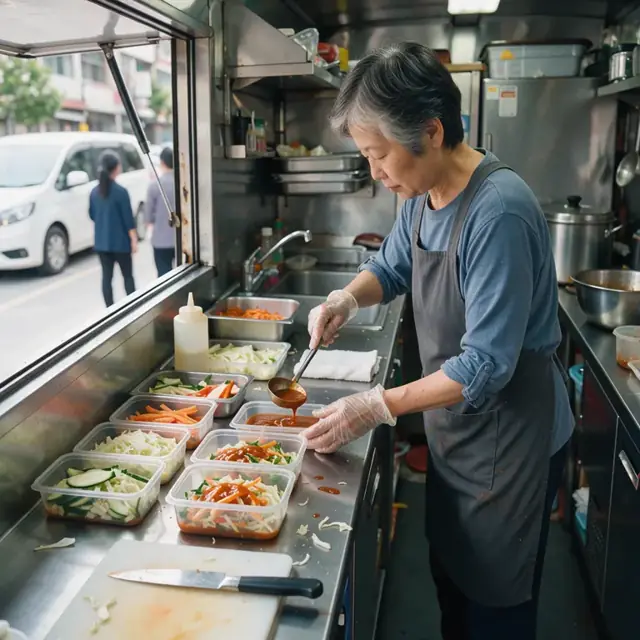 a worker portioning sauces and sliced vegetables into clear containers along a narrow stainless steel counter inside a food truck galley