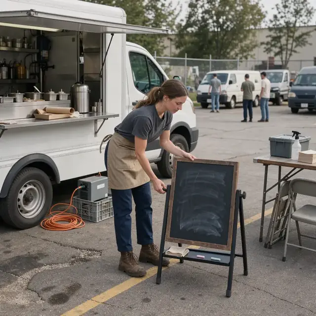a worker setting up a menu board beside a parked food truck at an outdoor lot
