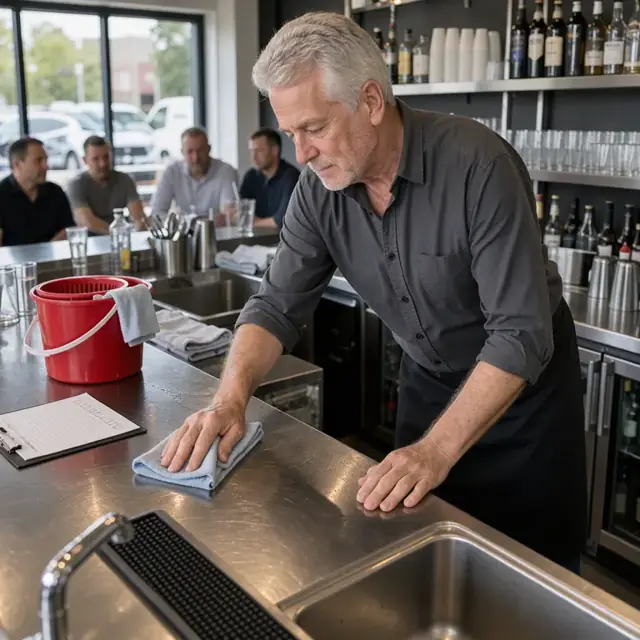 a bartender wiping down a stainless steel bar counter with a sanitizer bucket and checklist clipboard nearby