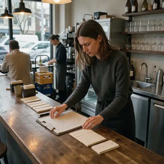 a wooden bar counter with reservation cards and a seating chart clipboard under warm pendant lighting