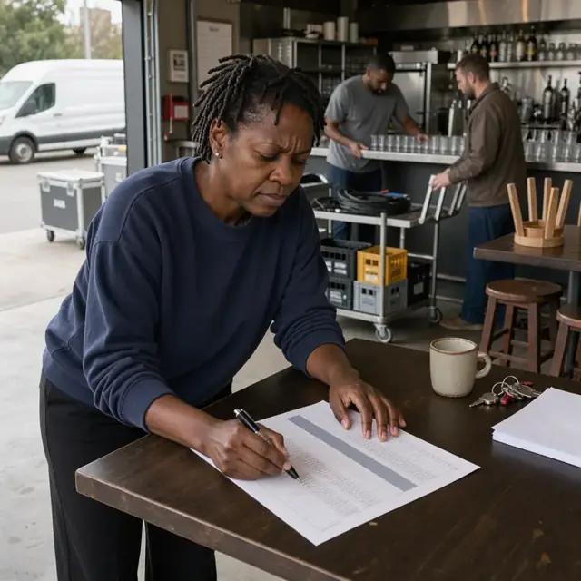 a person reviewing a printed schedule with a pen at a high-top table while the bar is being set up in the background