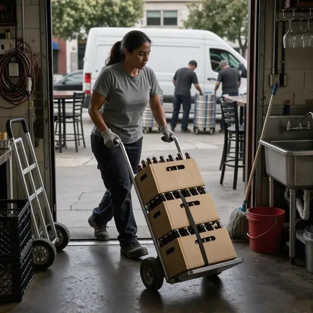 a person rolling a hand truck with stacked beer cases through the back door of a dimly lit bar