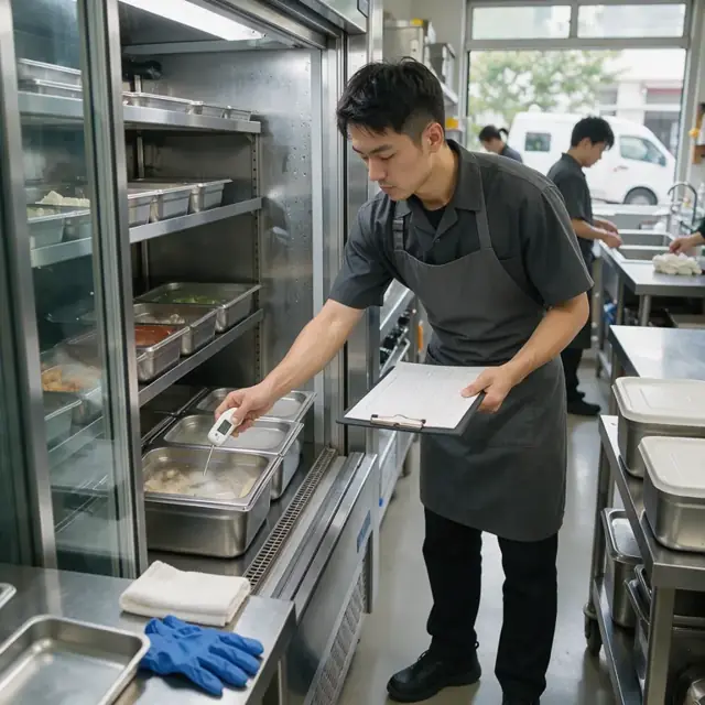 a kitchen worker checking the temperature of a refrigerated case with a digital thermometer while holding a clipboard with log sheets