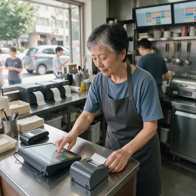 worker at a service counter entering an order into a point-of-sale terminal with kitchen printers and order screens visible in background