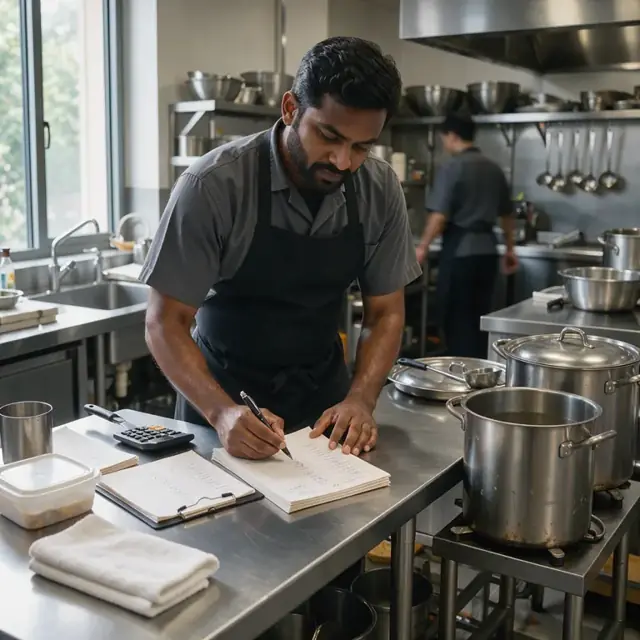 a kitchen manager standing at a stainless steel table reviewing printed recipe cards and marking batch sizes next to large stock pots
