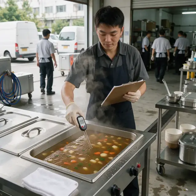 a worker using a digital probe thermometer to check the temperature of a large pan of hot soup on a steam table while holding a clipboard