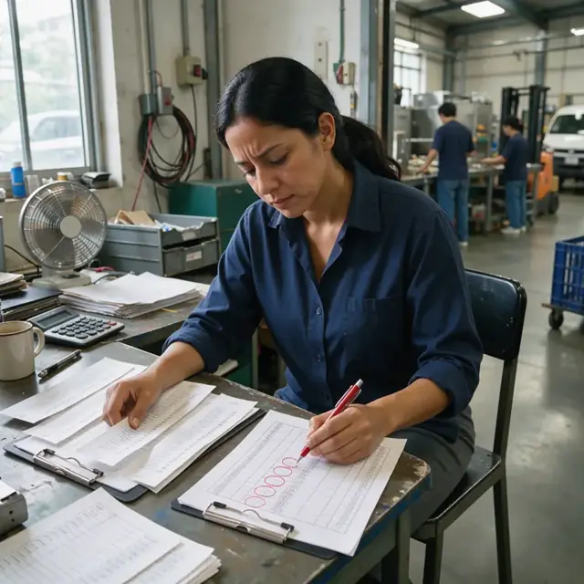 a manager at a desk comparing printed sales receipts with production count sheets and circling low performing items