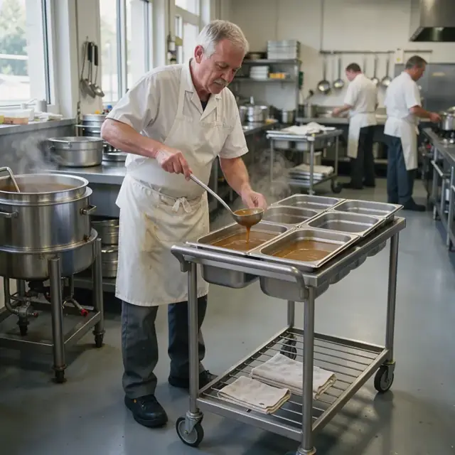 a line cook ladling gravy from a large steam kettle into multiple serving pans arranged on a wheeled cart
