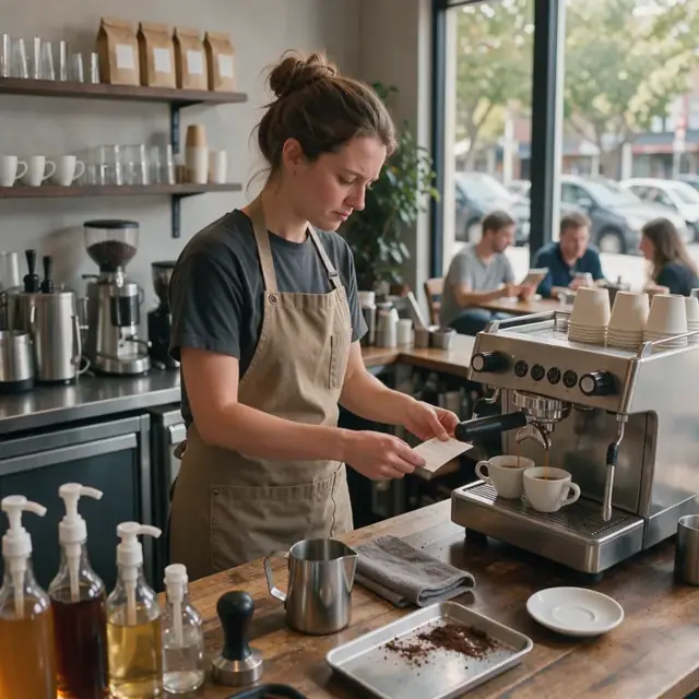 a worker reading an order ticket while pulling espresso shots at a cafe counter lined with syrup bottles
