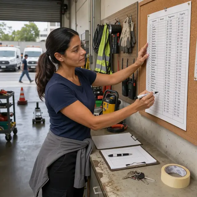 a worker standing at a counter writing staff names and shift times onto a weekly schedule posted on a corkboard