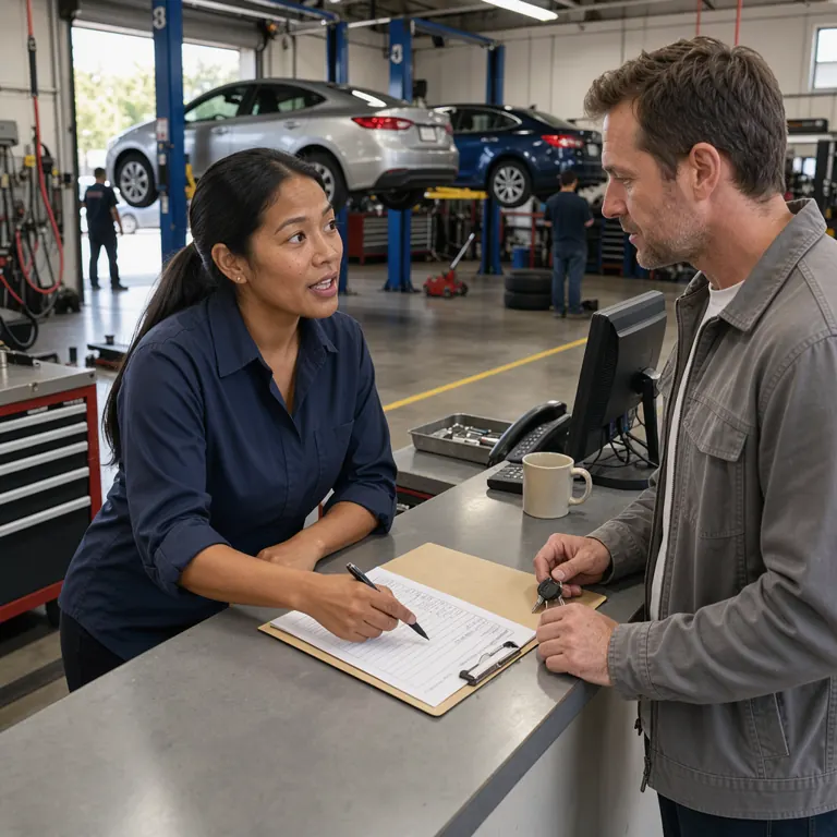 a service advisor at a shop counter discussing a repair order with a customer, cars on lifts behind