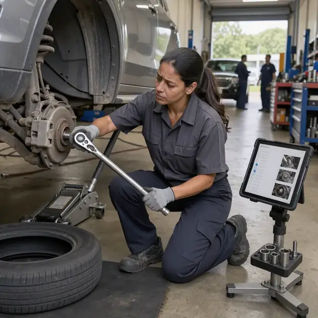 a technician using a torque wrench on a vehicle component while a tablet on a stand displays an open checklist with attached reference photos
