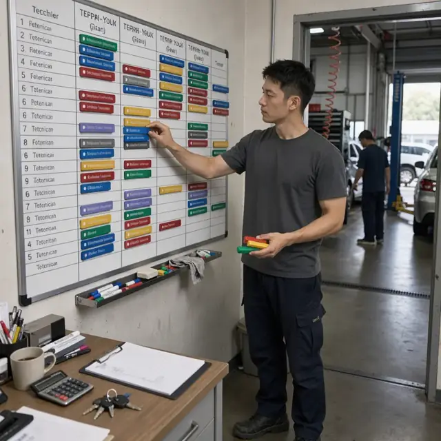 a shop office wall with a large scheduling board showing colored markers for different repair jobs across bays and technician rows