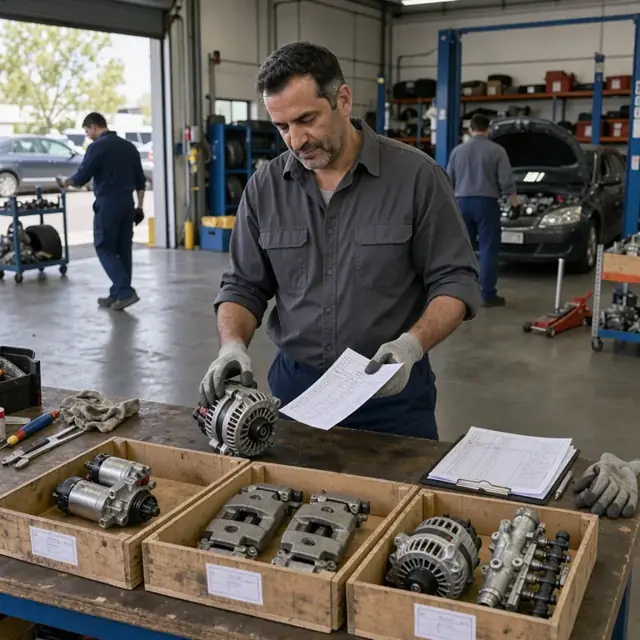 a workbench with labeled core automotive components neatly arranged in shipping crates next to completed claim forms