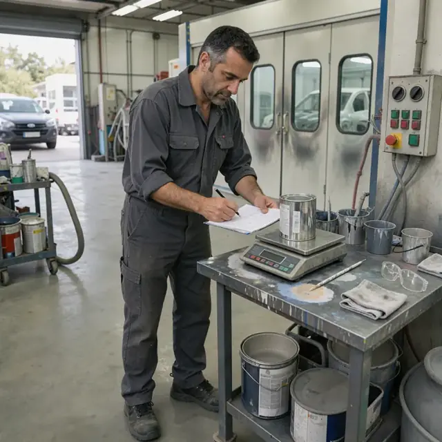 a technician recording paint mixing measurements on a scale next to a spray booth ventilation control panel