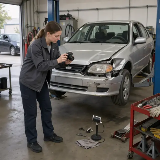 a technician photographing front-end collision damage on a vehicle raised on a shop lift