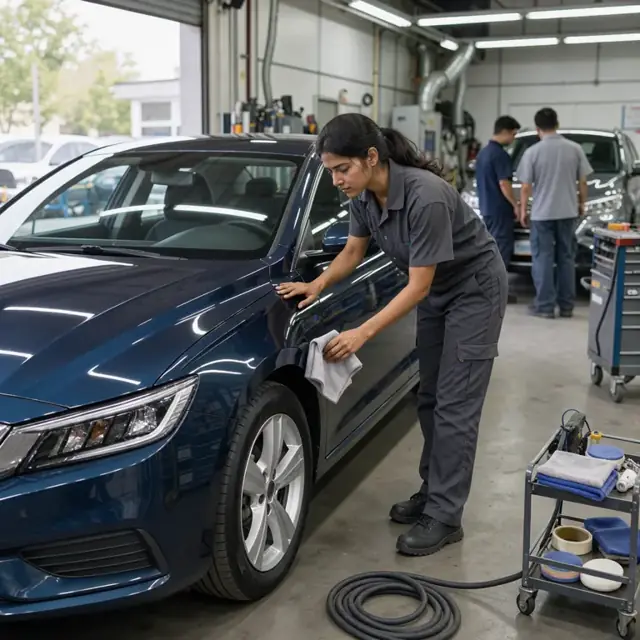 a technician inspecting a freshly painted vehicle under bright overhead lights while holding a detail cloth