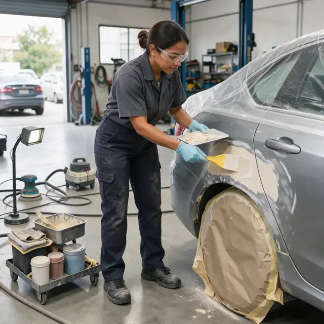a technician applying body filler to a repaired vehicle panel in a well-lit shop bay with masking materials nearby