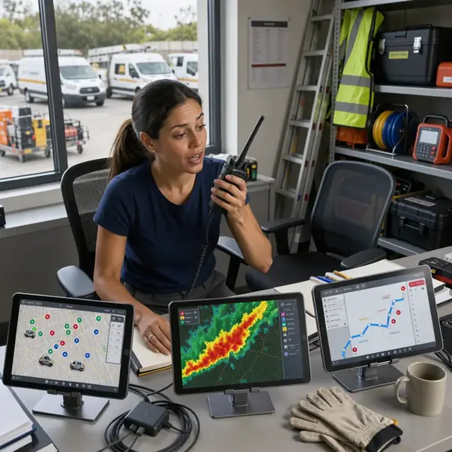 a dispatcher at a desk with multiple tablets showing technician locations, weather radar and a map of scheduled stops