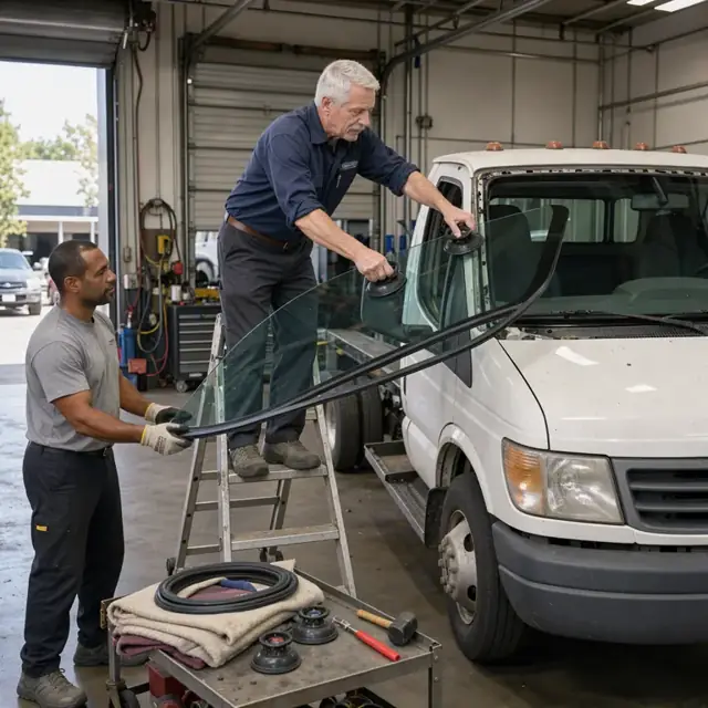 a technician on a ladder carefully setting a new windshield into the frame of a truck parked in a service bay