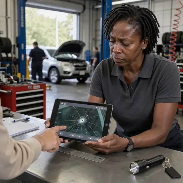 a service advisor at a shop counter reviewing a tablet showing a cracked windshield photo next to a vehicle identification plate