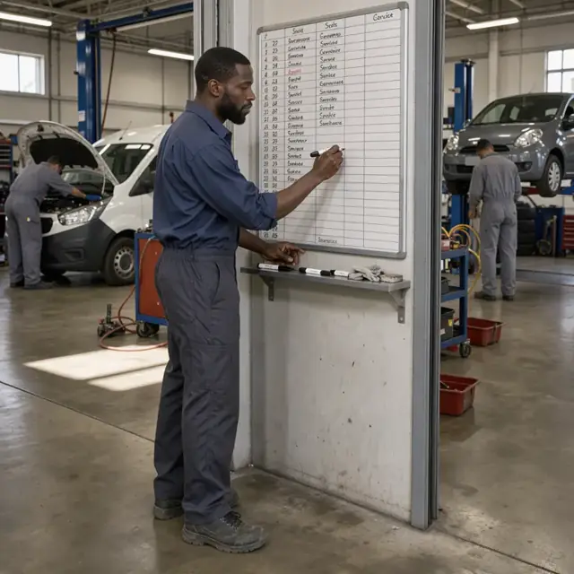 a worker standing at a wall-mounted schedule board writing vehicle numbers and service types into time slots beside two open service bays