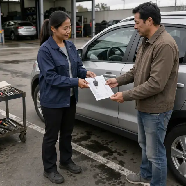 a worker handing a printed service invoice and keys to a customer standing beside their vehicle in the parking lot
