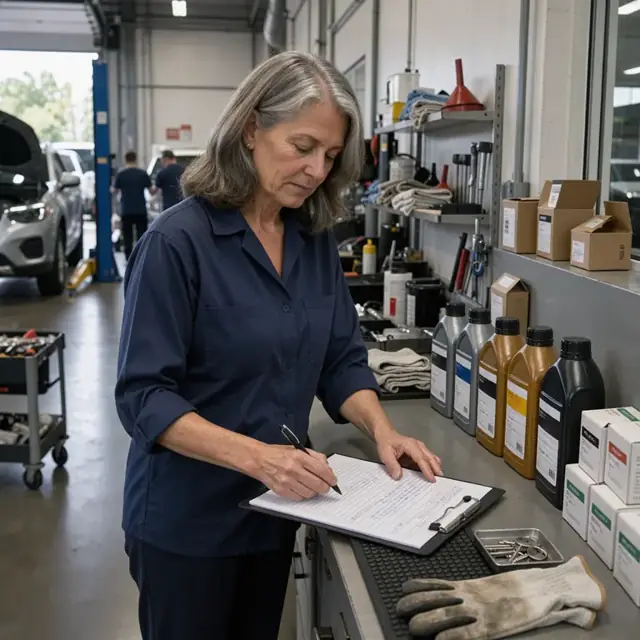 a worker at a service counter reviewing vehicle details on a clipboard next to a row of labeled oil bottles and filter boxes