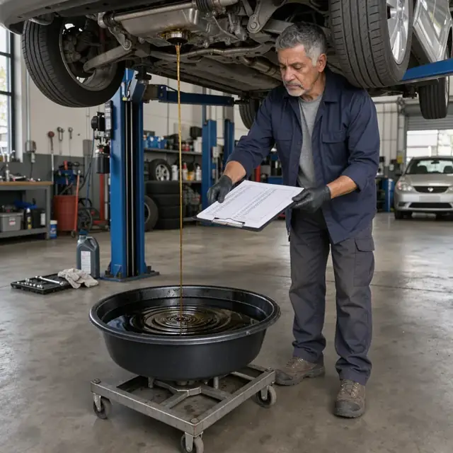 a worker under a raised vehicle on a lift draining oil into a catch basin while referring to a checklist clipboard
