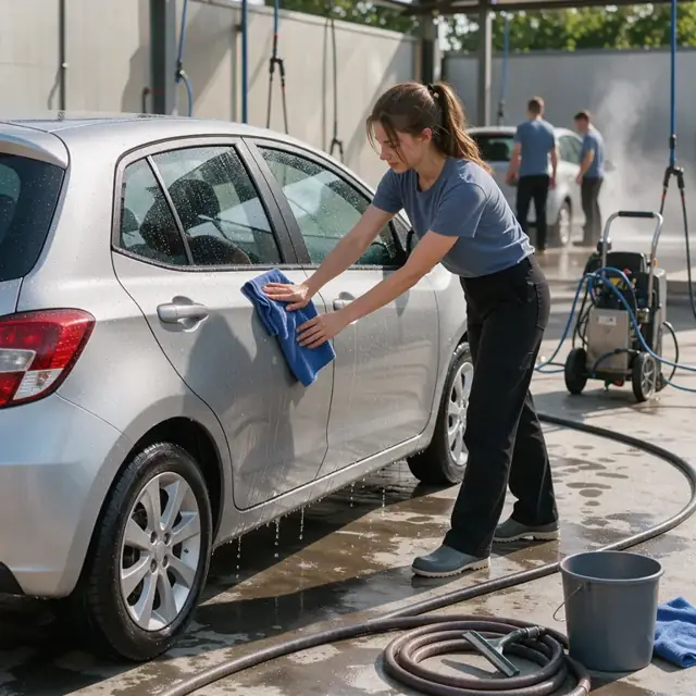 a worker using a microfiber towel to wipe the final water spots from a freshly washed car in a sunny drying area