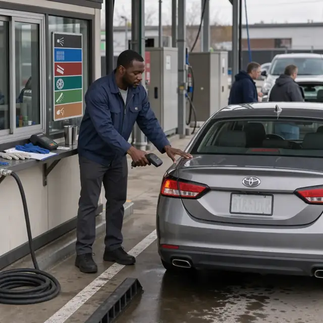 a worker at an entrance booth scanning a vehicle license plate while referencing a menu board showing service packages