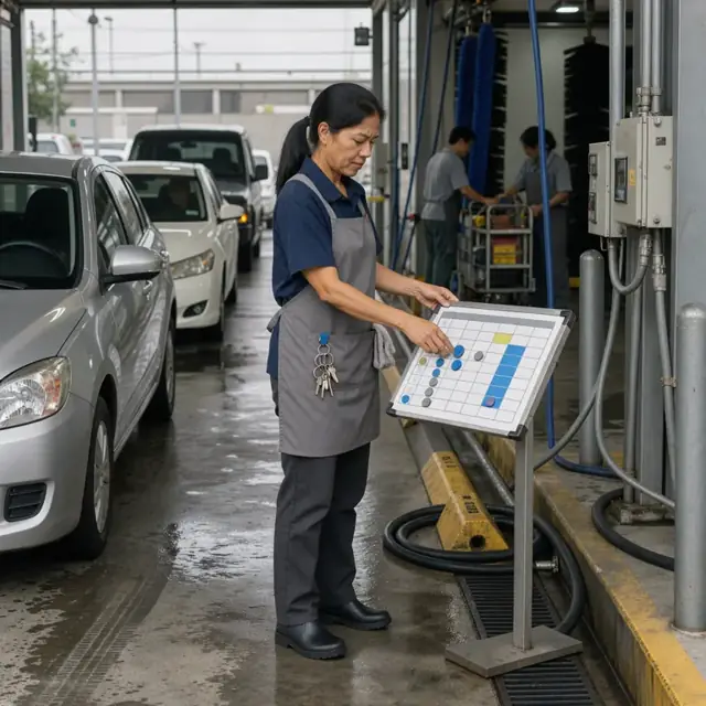 a worker reviewing a scheduling board at the entrance to a car wash tunnel while vehicles line up in the approach lane
