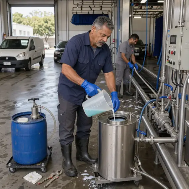 a worker in gloves pouring measured soap concentrate from a drum into a mixing tank next to the wash tunnel equipment