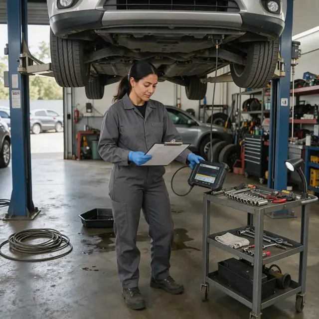 a technician under a raised vehicle on a lift using a diagnostic scanner while referring to a printed work order