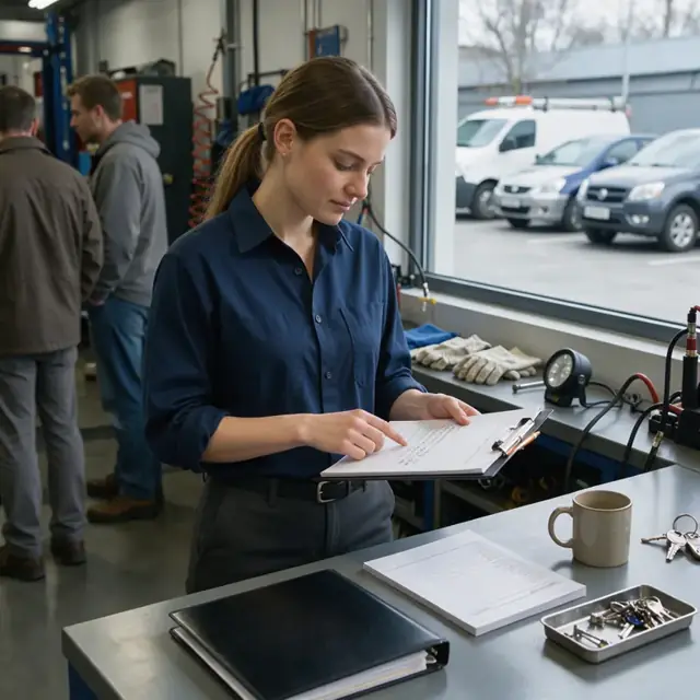a technician at a service counter reviewing notes on a clipboard next to a row of parked vehicles visible through the window