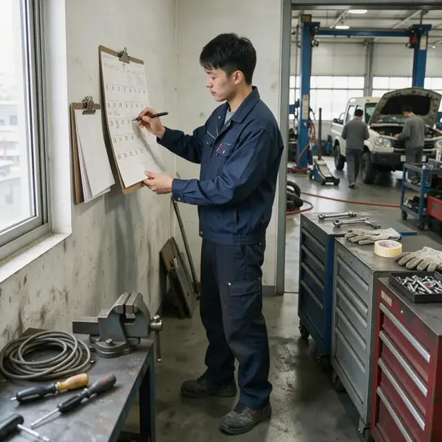 a technician standing at a wall calendar in a shop office marking job assignments next to a row of tool chests