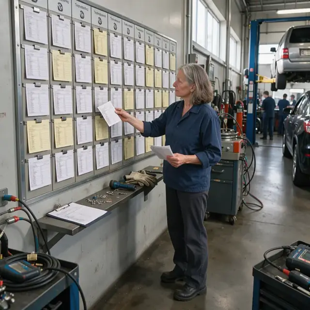 a repair shop wall with printed work order cards arranged on a scheduling board by technician station and test equipment