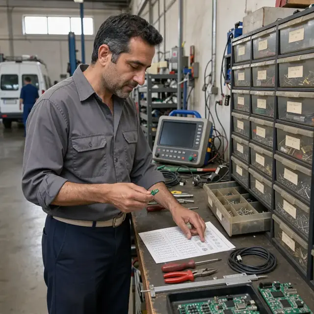 a technician comparing a small electronic component against a printed parts list beside labeled component storage drawers in a workshop
