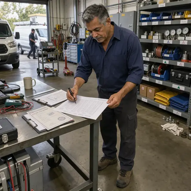 a technician reviewing printed test data sheets and calibration certificates next to labeled equipment storage shelves in a workshop