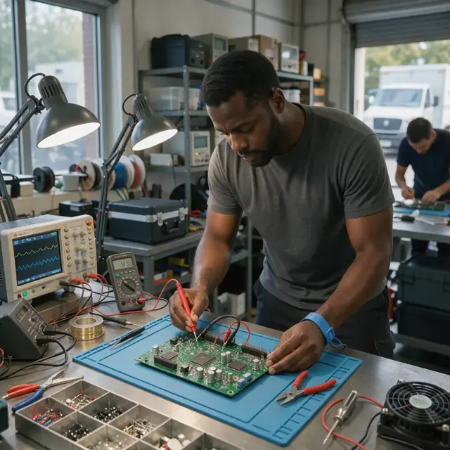 a technician using an oscilloscope and multimeter to test a circuit board on an anti-static mat under bright task lights in a workshop