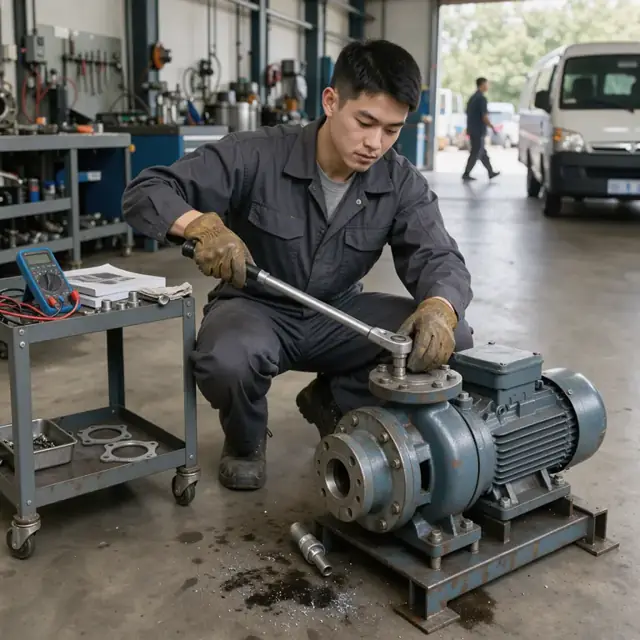 a technician in work gloves using a torque wrench on a large industrial pump while a digital multimeter and service manual rest on a nearby cart